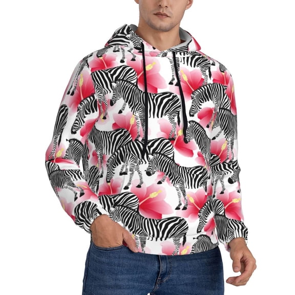 Hoodies for Men - Zebra pink hibiscus flower Long Sleeve Comfrt Men'S Fashion Hoodies & Sweatshirts, Sweatshirts for Men Hoodies Pullover Clothing Clothes with Pouch