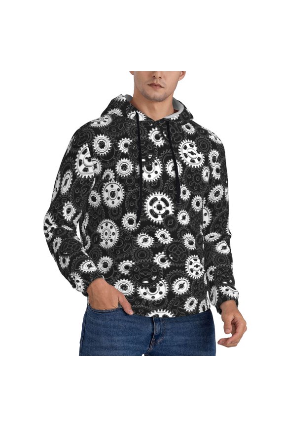 Hoodies for Men - black gear Pattern white Long Sleeve Comfrt Men'S Fashion Hoodies & Sweatshirts, Sweatshirts for Men Hoodies Pullover Clothing Clothes with Pouch