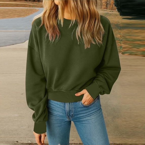 Hoodies Plus Size Women's Fashion Solid Color Leisure Long Sleeve Round-Neck Shirts, Olive Green XL