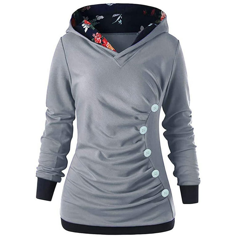 Hoodies Pullover Floral Print Hat Solid Color Pleated Hooded Sweater Button Tunic Hoodie for Women