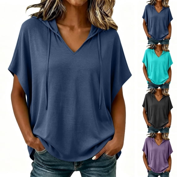 Hoodies Shirt for Women, V Neck Short Sleeve Loose Fit Sweatshirts Drawstring Pullover Summer Hooded Casual Top