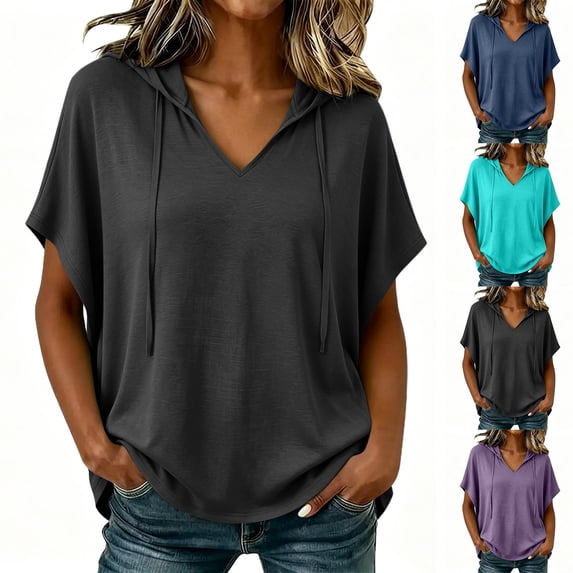 Hoodies Shirt for Women, V Neck Short Sleeve Loose Fit Sweatshirts Drawstring Pullover Summer Hooded Casual Tops, S-5XL