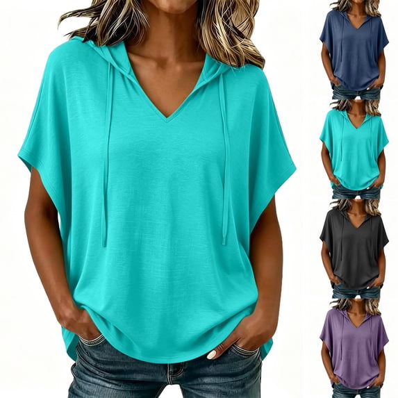 Hoodies Shirt for Women, V Neck Short Sleeve Loose Fit Sweatshirts Drawstring Pullover Summer Hooded Casual Tops, S-5XL