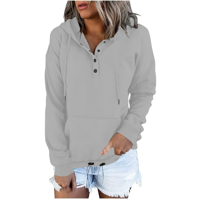 Hoodies Solid Color Elastic Workout Hoodies for Women Long Sleeve Buttons Round Neck Womens Hoodies Drawstring Basic Loose Hoodies with