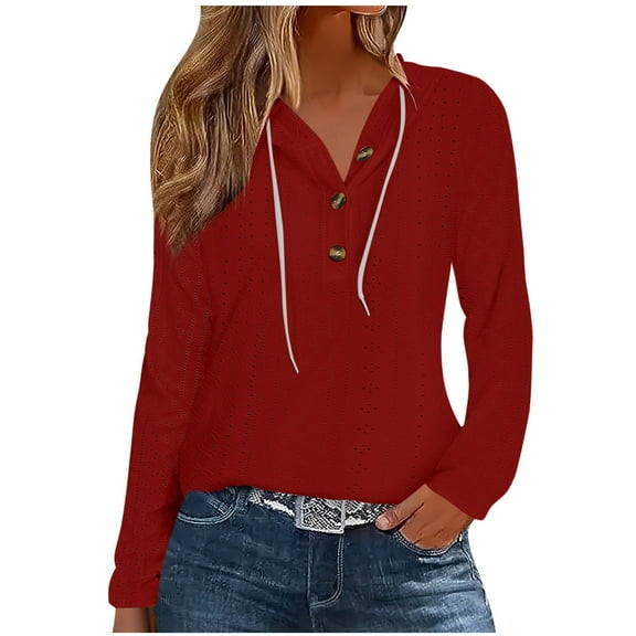 Hoodies Sweatshirt Women Long Sleeve Eyelet Top Button Up Casual Loose Fit Shirts Jacket Fall Lightweight Pullover
