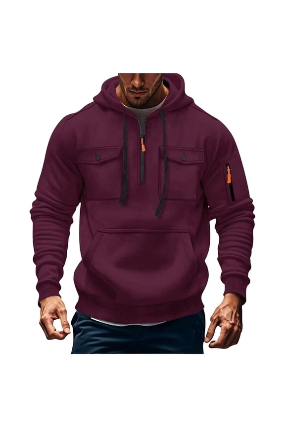 Hoodies Sweatshirt for Men Casual Multiple Pockets Solid Hooded Gym Sports Pullover Tops Fall Long Sleeve Sweatshirt