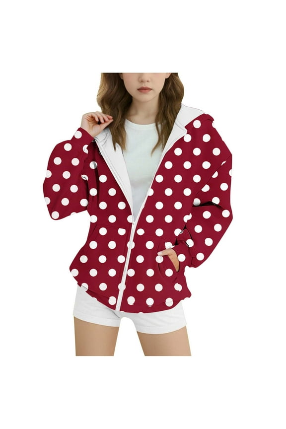 Hoodies Sweatshirts for Girls Cute Preppy Oversized Long Sleeve Sweatshirt Jacket with Pockets Fall Fashion Zip Up Hoodie Kids Polka Dot Hooded Tops Teenagers Casual Loose Fleece Hoody Coats