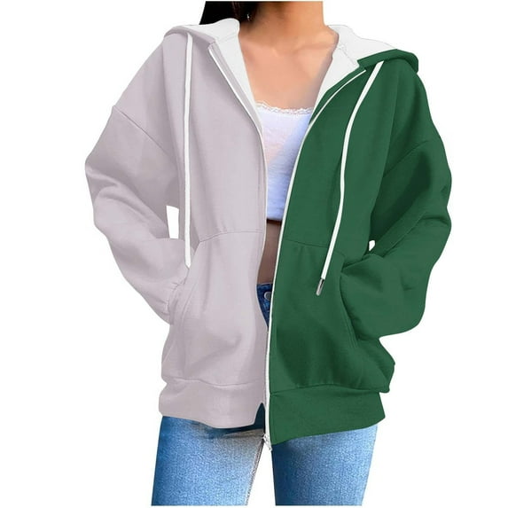 Hoodies Sweatshirts for Womens Zip Up Oversized Colorblock Hooded Sweaters Y2K Trendy Clothes 2025 Fall Winter Casual Loose Sweatshirt Jackets Open Front Drop Shoulder Long Sleeve Hoody Tops