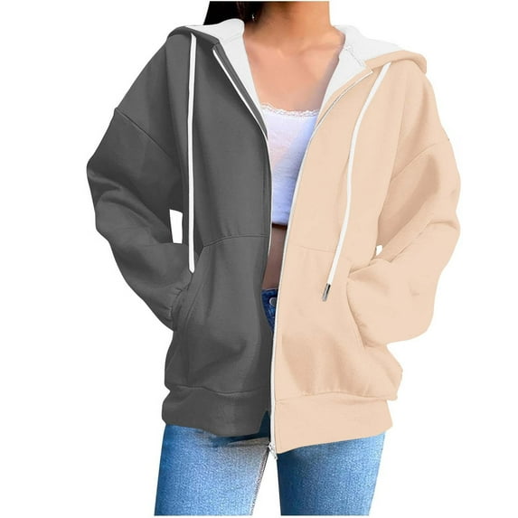 Hoodies Sweatshirts for Womens Zip Up Oversized Colorblock Hooded Sweaters Y2K Trendy Clothes 2025 Fall Winter Casual Loose Sweatshirt Jackets Open Front Drop Shoulder Long Sleeve Hoody Tops