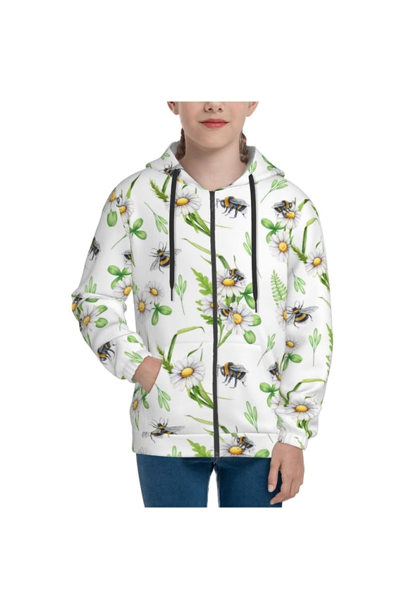 Hoodies for Teen Girls Boys - Bee bumblebee daisy flower cute Warm Boys' Fashion Zip Up Hoodies & Sweatshirts, Boys Girls Kids Clothes Size 10-12 Youth Pullover with Kangaroo Pocket