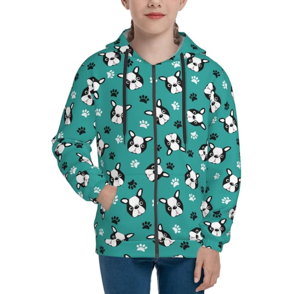 Hoodies for Teen Girls Boys - Boston terrier puppy dog green Warm Boys' Fashion Zip Up Hoodies & Sweatshirts, Boys Girls Kids Clothes Size 14-16 Youth Pullover with Kangaroo Pocket