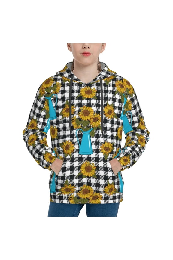 Hoodies for Teen Girls Boys - Bright sunflowers jug buffalo check plaid Warm Boys' Fashion Hoodies & Sweatshirts, Boys Girls Kids Clothes Size 14-16 Youth Pullover with Kangaroo Pocket
