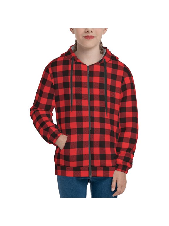 Hoodies for Teen Girls Boys - Buffalo Plaid Red Black Warm Boys' Fashion Zip Up Hoodies & Sweatshirts, Boys Girls Kids Clothes Size 14-16 Youth Pullover with Kangaroo Pocket