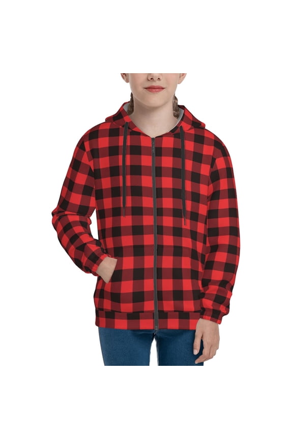 Hoodies for Teen Girls Boys - Buffalo Plaid Red Black Warm Boys' Fashion Zip Up Hoodies & Sweatshirts, Boys Girls Kids Clothes Size 18-20 Youth Pullover with Kangaroo Pocket