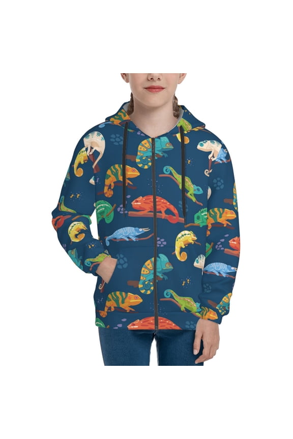 Hoodies for Teen Girls Boys - Colorful Cute Chameleon Lizard_A Warm Boys' Fashion Zip Up Hoodies & Sweatshirts, Boys Girls Kids Clothes Size 14-16 Youth Pullover with Kangaroo Pocket