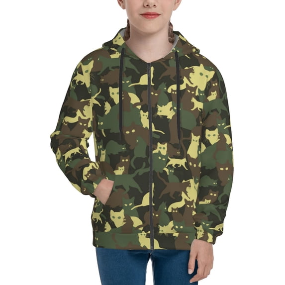Hoodies for Teen Girls Boys - Cool Cat Green Camouflage Warm Boys' Fashion Zip Up Hoodies & Sweatshirts, Boys Girls Kids Clothes Size 18-20 Youth Pullover with Kangaroo Pocket