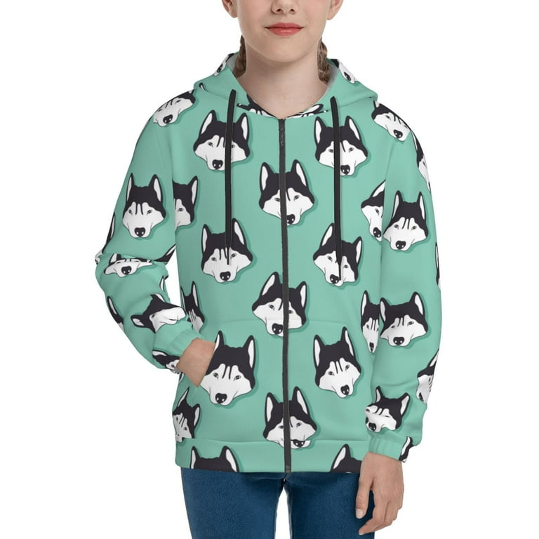 Hoodies for Teen Girls Boys Cute Cartoon Husky Funny Green Warm