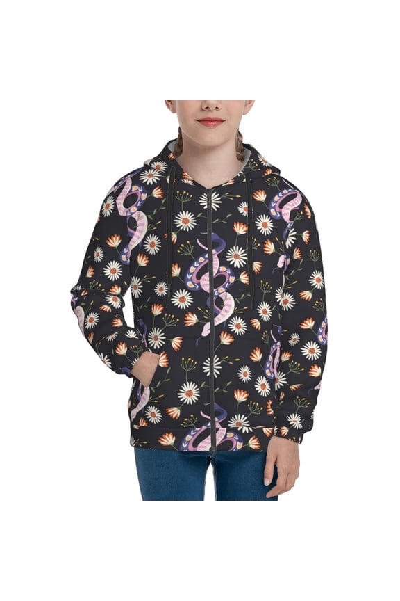 Hoodies for Teen Girls Boys - Exotic Cute Snake White Daisy Warm Boys' Fashion Zip Up Hoodies & Sweatshirts, Boys Girls Kids Clothes Size 14-16 Youth Pullover with Kangaroo Pocket