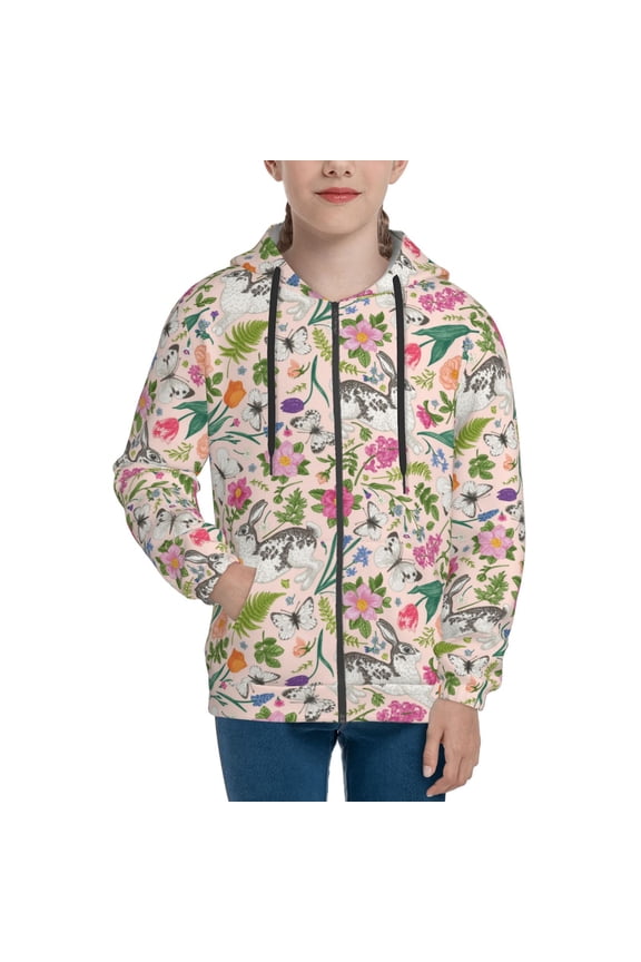 Hoodies for Teen Girls Boys - Exotic Rabbit Butterfly Flower Warm Boys' Fashion Zip Up Hoodies & Sweatshirts, Boys Girls Kids Clothes Size 7-8 Youth Pullover with Kangaroo Pocket