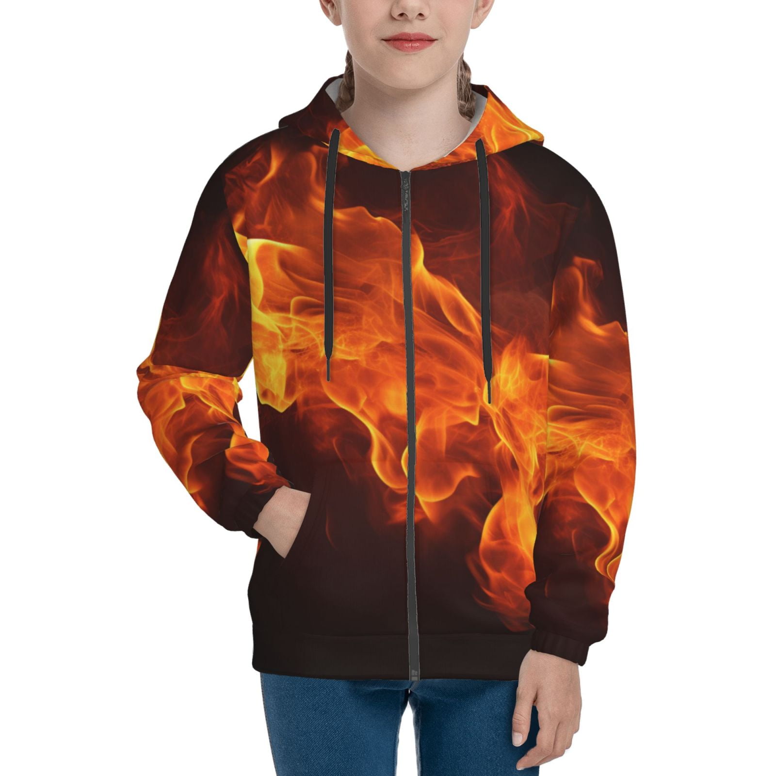 Hoodies for Teen Girls Boys, Fiery Orange Flames Energy Long