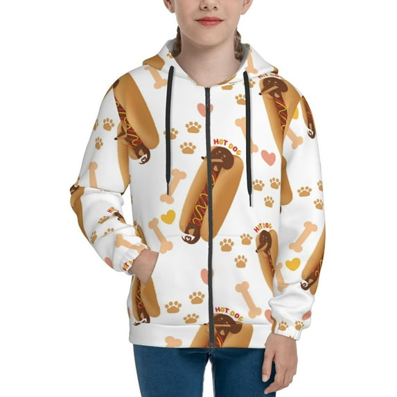 Hoodies for Teen Girls Boys - Funny Dachshund Hot Dog Print Warm Boys' Fashion Zip Up Hoodies & Sweatshirts, Boys Girls Kids Clothes Size 10-12 Youth Pullover with Kangaroo Pocket