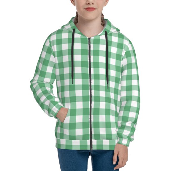 Hoodies for Teen Girls Boys - Gingham White green plaids checkered Warm Boys' Fashion Zip Up Hoodies & Sweatshirts, Boys Girls Kids Clothes Size 10-12 Youth Pullover with Kangaroo Pocket
