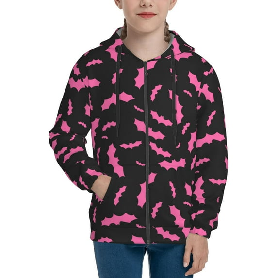 Hoodies for Teen Girls Boys - Halloween pink bats black cool Warm Boys' Fashion Zip Up Hoodies & Sweatshirts, Boys Girls Kids Clothes Size 14-16 Youth Pullover with Kangaroo Pocket