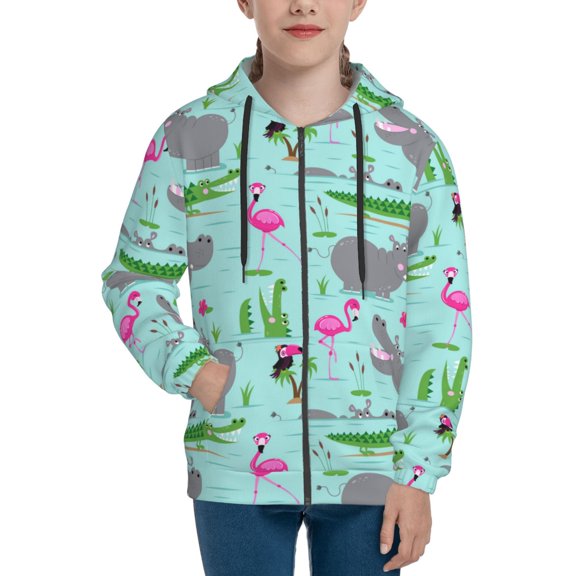 Hoodies for Teen Girls Boys - Hippo With Flamingos And Crocodiles Warm Boys' Fashion Zip Up Hoodies & Sweatshirts, Boys Girls Kids Clothes Size 10-12 Youth Pullover with Kangaroo Pocket