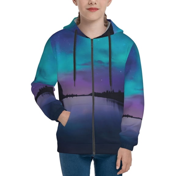Hoodies for Teen Girls Boys - Night At Lake Aurora Warm Boys' Fashion Zip Up Hoodies & Sweatshirts, Boys Girls Kids Clothes Size 10-12 Youth Pullover with Kangaroo Pocket
