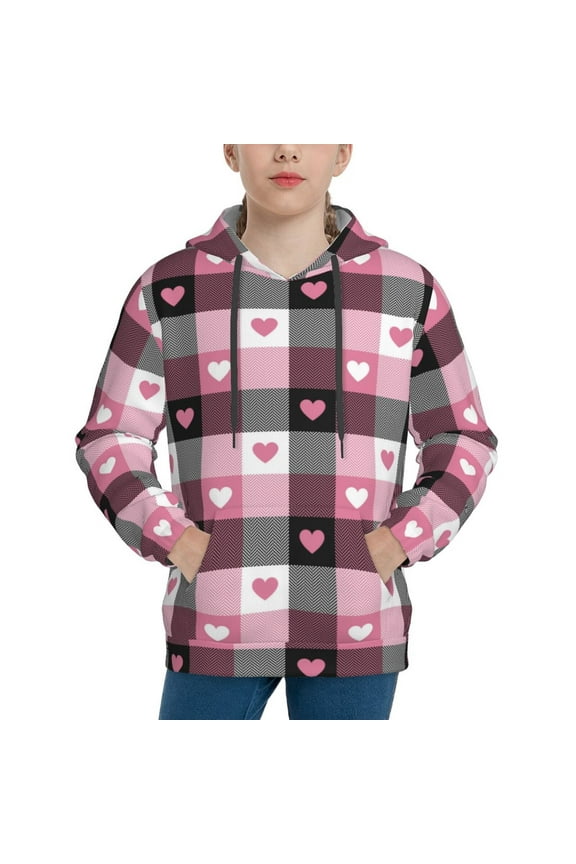 Hoodies for Teen Girls Boys - Pink heart plaid Warm Boys' Fashion Hoodies & Sweatshirts, Boys Girls Kids Clothes Size 10-12 Youth Pullover with Kangaroo Pocket