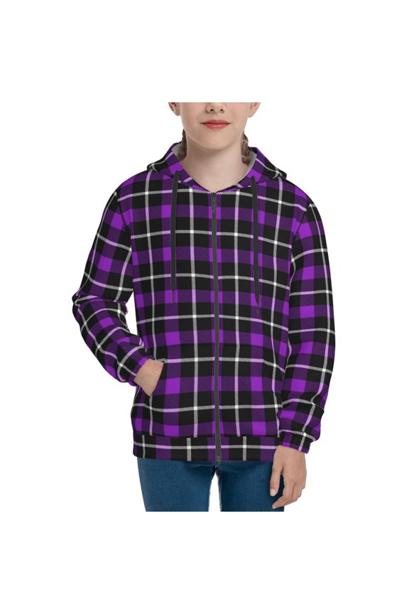 Hoodies for Teen Girls Boys - Purple tartan Buffalo Plaid Warm Boys' Fashion Zip Up Hoodies & Sweatshirts, Boys Girls Kids Clothes Size 10-12 Youth Pullover with Kangaroo Pocket