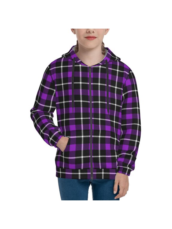 Hoodies for Teen Girls Boys - Purple tartan Buffalo Plaid Warm Boys' Fashion Zip Up Hoodies & Sweatshirts, Boys Girls Kids Clothes Size 18-20 Youth Pullover with Kangaroo Pocket