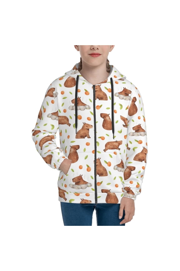 Hoodies for Teen Girls Boys - Tangerine Capybara Print Warm Boys' Fashion Zip Up Hoodies & Sweatshirts, Boys Girls Kids Clothes Size 7-8 Youth Pullover with Kangaroo Pocket
