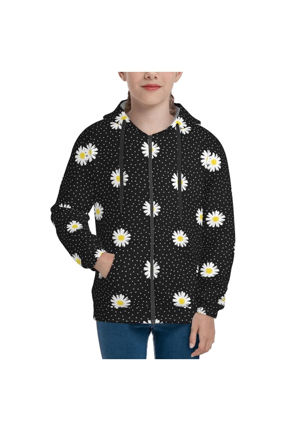 Hoodies for Teen Girls Boys - daisy polka dot dotted black Warm Boys' Fashion Zip Up Hoodies & Sweatshirts, Boys Girls Kids Clothes Size 7-8 Youth Pullover with Kangaroo Pocket
