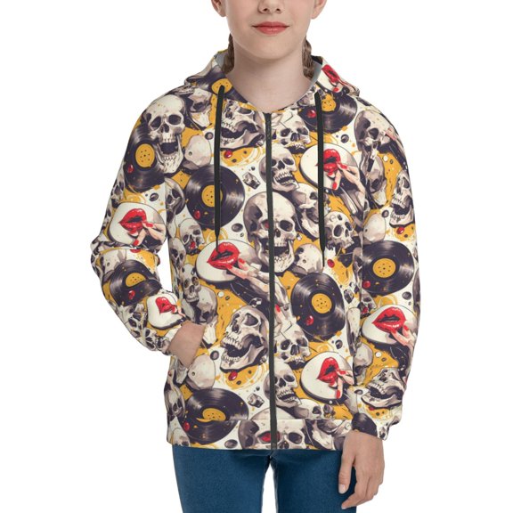 Hoodies for Teen Girls Boys - lips record rock Skull Warm Boys' Fashion Zip Up Hoodies & Sweatshirts, Boys Girls Kids Clothes Size 10-12 Youth Pullover with Kangaroo Pocket