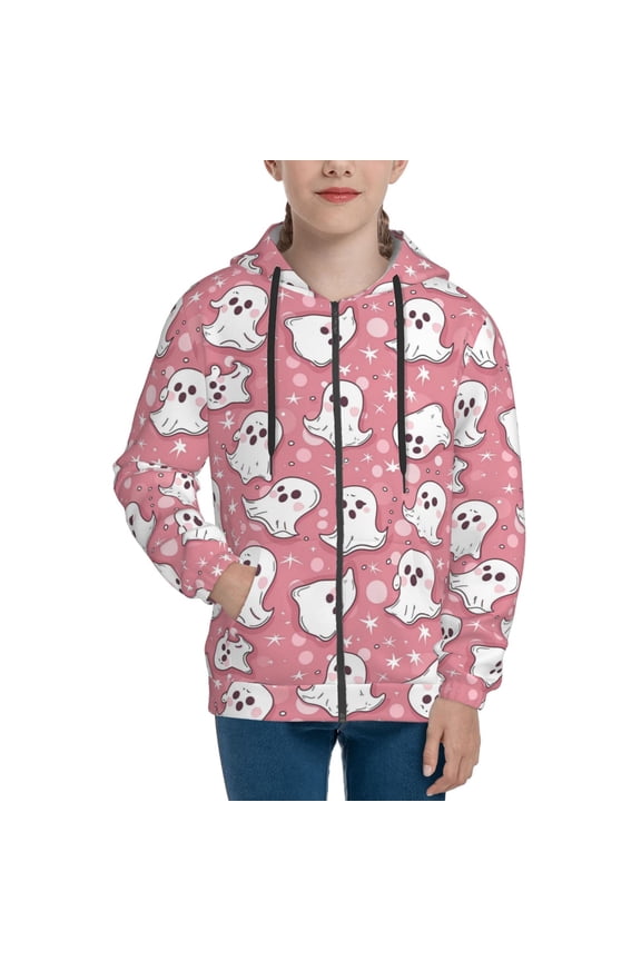 Hoodies for Teen Girls Boys - pink background halloween ghost Warm Boys' Fashion Zip Up Hoodies & Sweatshirts, Boys Girls Kids Clothes Size 10-12 Youth Pullover with Kangaroo Pocket