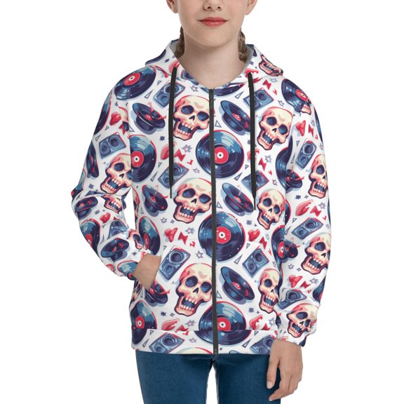 Hoodies for Teen Girls Boys - record rock music Skull Warm Boys' Fashion Zip Up Hoodies & Sweatshirts, Boys Girls Kids Clothes Size 7-8 Youth Pullover with Kangaroo Pocket