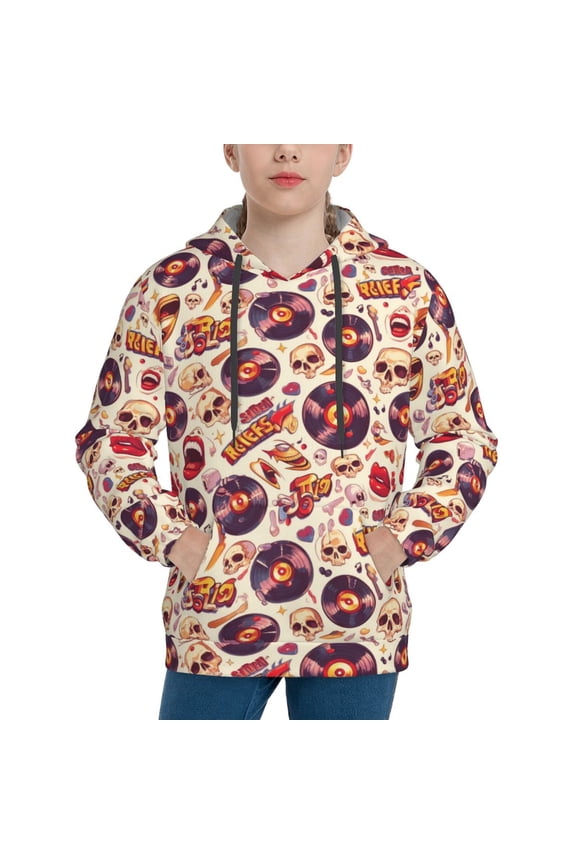 Hoodies for Teen Girls Boys - rock music Skull record Warm Boys' Fashion Hoodies & Sweatshirts, Boys Girls Kids Clothes Size 14-16 Youth Pullover with Kangaroo Pocket
