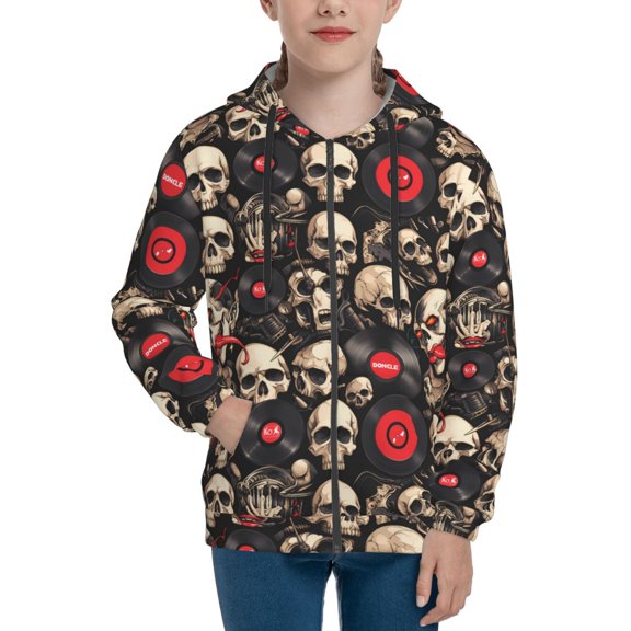 Hoodies for Teen Girls Boys - rock record Skull Warm Boys' Fashion Zip Up Hoodies & Sweatshirts, Boys Girls Kids Clothes Size 7-8 Youth Pullover with Kangaroo Pocket