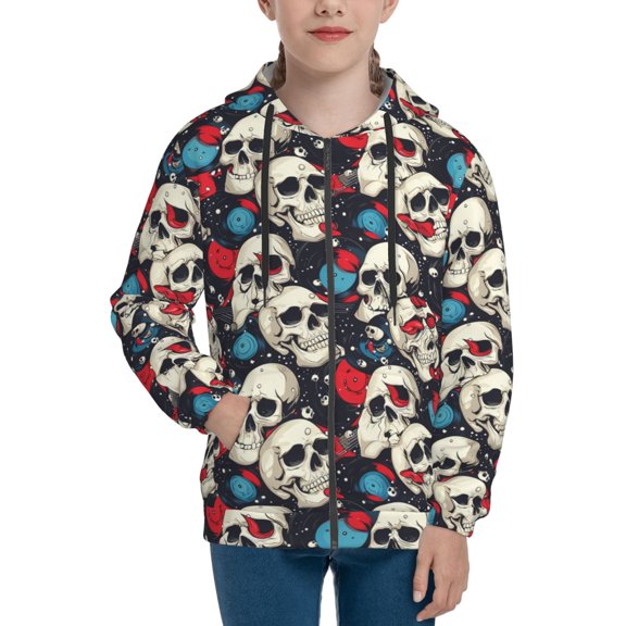 Hoodies for Teen Girls Boys - rock record Skull artist Warm Boys' Fashion Zip Up Hoodies & Sweatshirts, Boys Girls Kids Clothes Size 14-16 Youth Pullover with Kangaroo Pocket