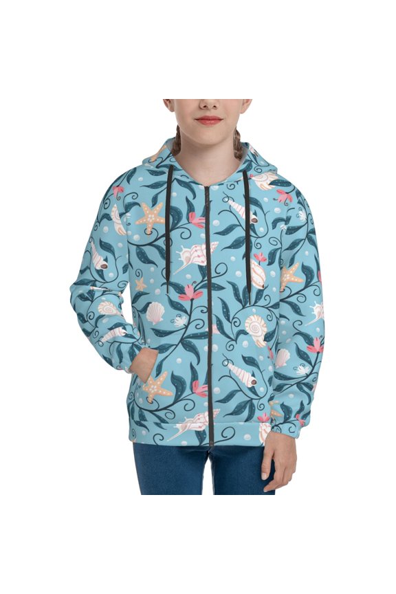 Hoodies for Teen Girls Boys - starfish seashells sea weed Warm Boys' Fashion Zip Up Hoodies & Sweatshirts, Boys Girls Kids Clothes Size 7-8 Youth Pullover with Kangaroo Pocket