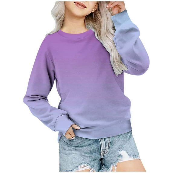 Hoodies for Teen Girls Girls' Autumn and Winter Gradient Printed Round Neck Long Sleeved Casual Hoodless Sweatshirt Boys Sweatshirts,Color:1 Purple,Size:5-6 Years