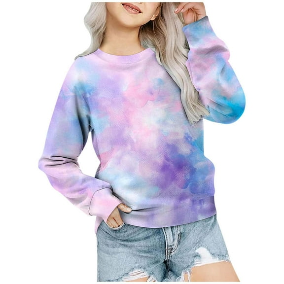 Hoodies for Teen Girls Girls' Autumn and Winter Tie Dye Printed Round Neck Long Sleeved Casual Hoodless Sweatshirt Boys Sweatshirts,Color:3 Light Purple,Size:4-5 Years