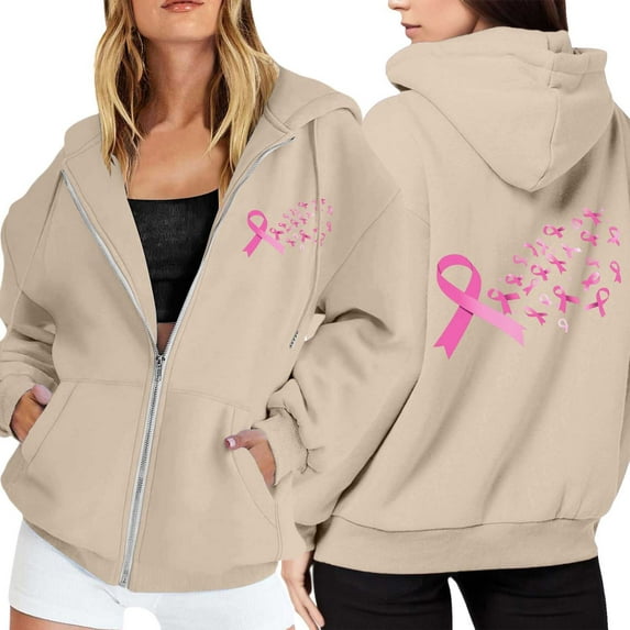 Hoodies for Teen Girls Y2K Cropped Pullover Hoodie Women's Zip Up Hoodie Pullover Cancer Awareness Month Long Sleeve Pocket Drawstring Casual Sweatshirt For Everyday Wear