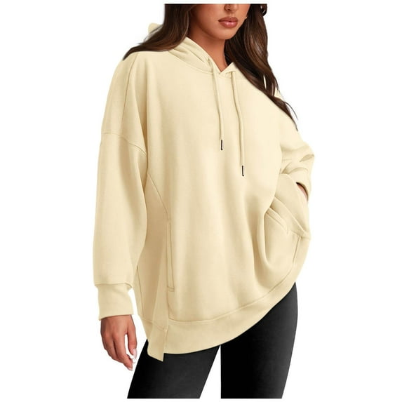 Hoodies Tops for Women Casual Loose Long Sleeve Waffle Knit Drawstring Pullover Solid Color Sweatshirts with Pockets,Beige 2,2XL