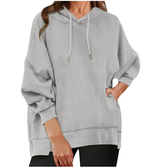 Hoodies Tops for Women Casual Loose Long Sleeve Waffle Knit Drawstring Pullover Solid Color Sweatshirts with Pockets,Gray 1,XL