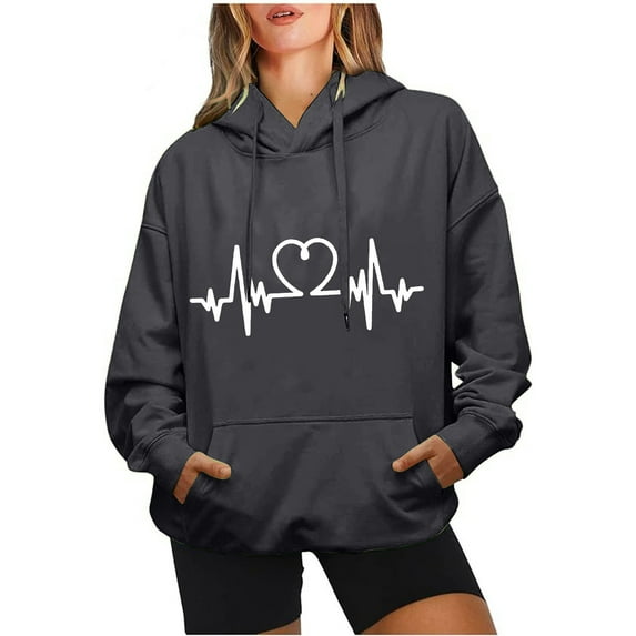 Hoodies Woman Clearance, Women's Hoodies Heart Print Loose Casual Long Sleeve Sweatshirt Tops