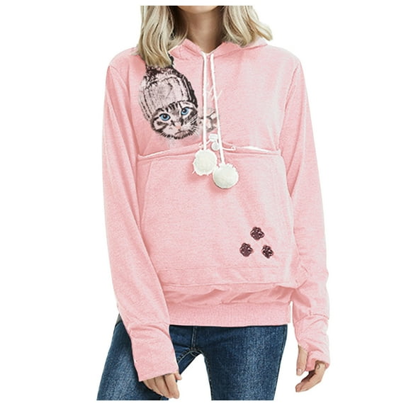 Hoodies Woman Clearance, Women' s Sweatshirt Furry Friends Pouch Hood Tops Carry Cat Breathable Pullover Blouse
