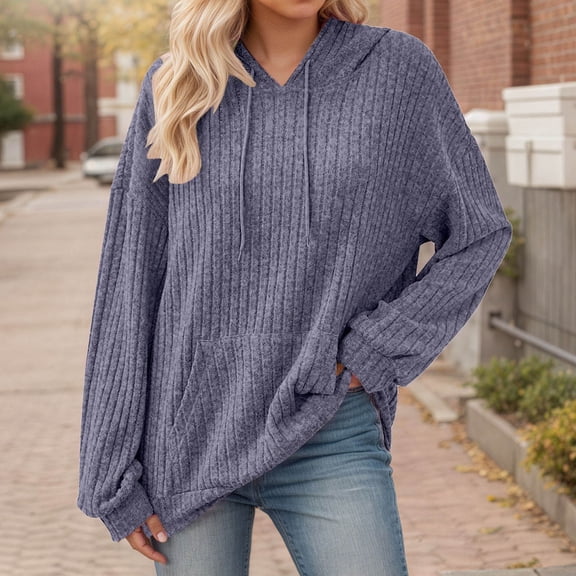 Hoodies Woman Purple Ribbed Hoodie Long Sleeve Womens Pullover Sweatshirt Cute Hoodie M