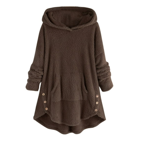 Hoodies Woman Women Fleece Asymmetrical Button Hem Plus Size Hoodie Top Sweater Blouse